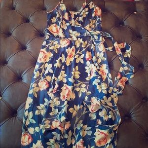 Blue floral wrap dress with slit